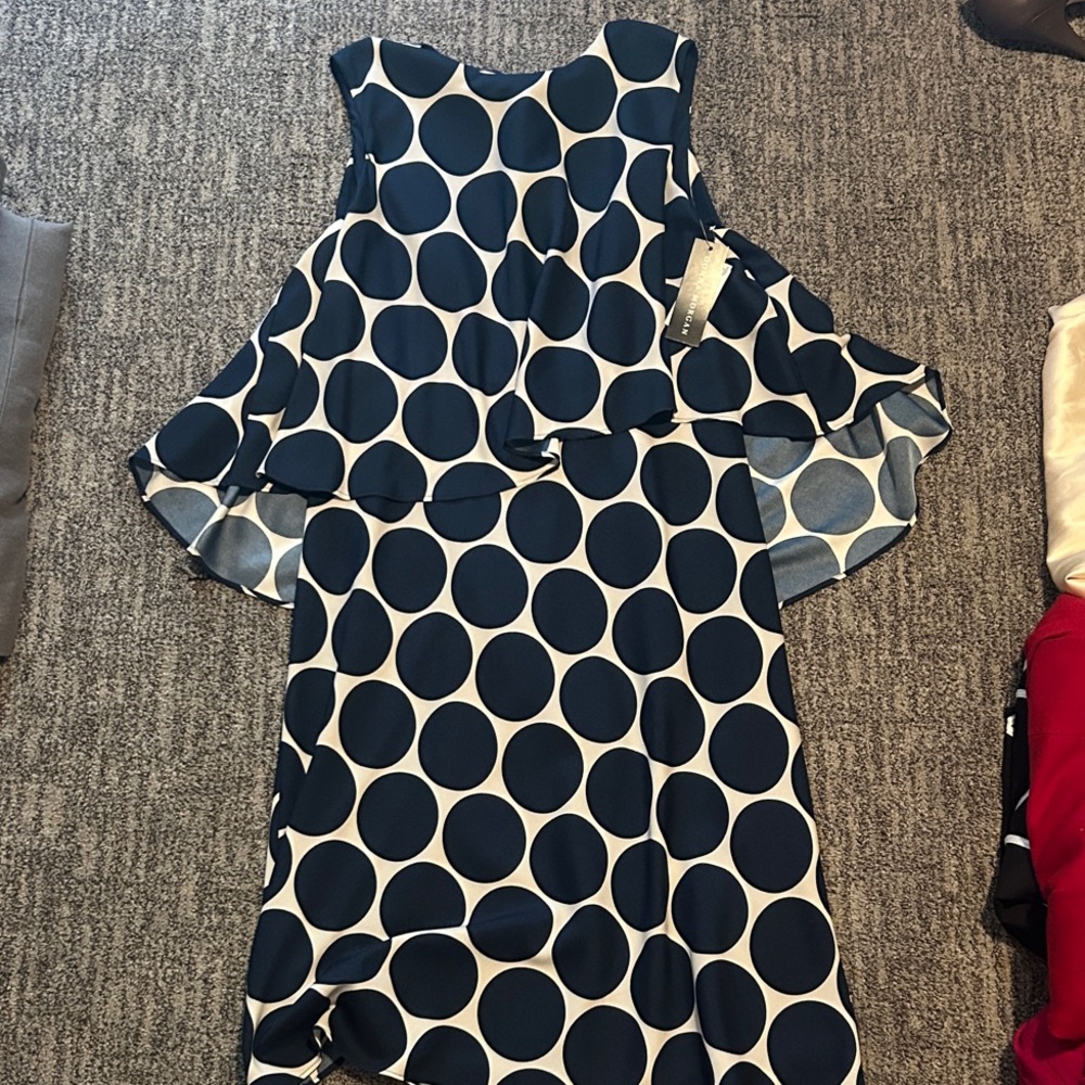 NWT: Donna Morgan Asymmetrical Caped Silky Navy Polka Dot Dress